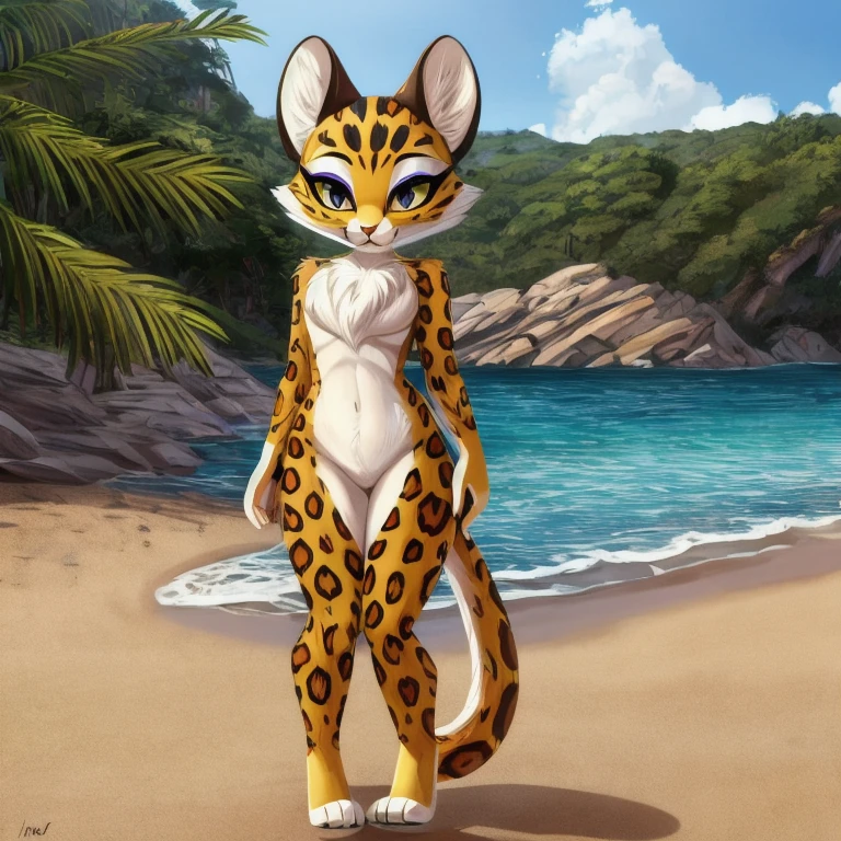 clawroline, full body view,a leopard, female, makeup eyes, anthropomor, cute, female silhouette, in a beach