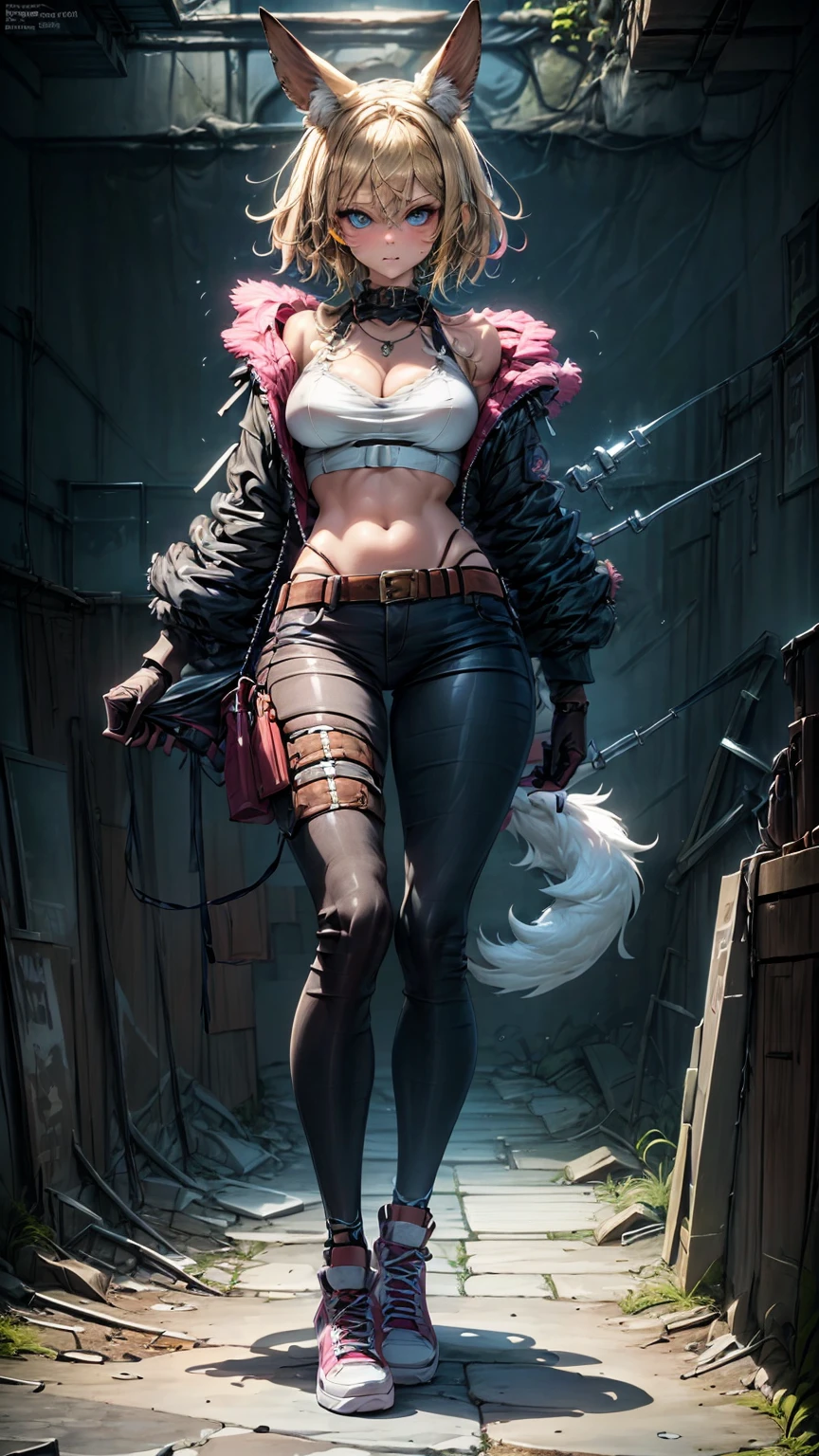 Oh, league of legend, sexy for, wallpapers, detailed eyes, fox ear, (fox tails), a skirt, (long pink fur), medium breasts, Looking at_It is shown in_Looking atl espectador, short_Hair, gloves, belly button, fail, Blue_there are eyes, Eternal, full_body, weapon, Footwear, Necklaces, negro_gloves, pulp, hooded, Hair_overcome_Yoon_there are eyes, cultivator_above, hoodie, negro_pants, sneakers, cut_Jacket, cyber punk character, cut_hoodie