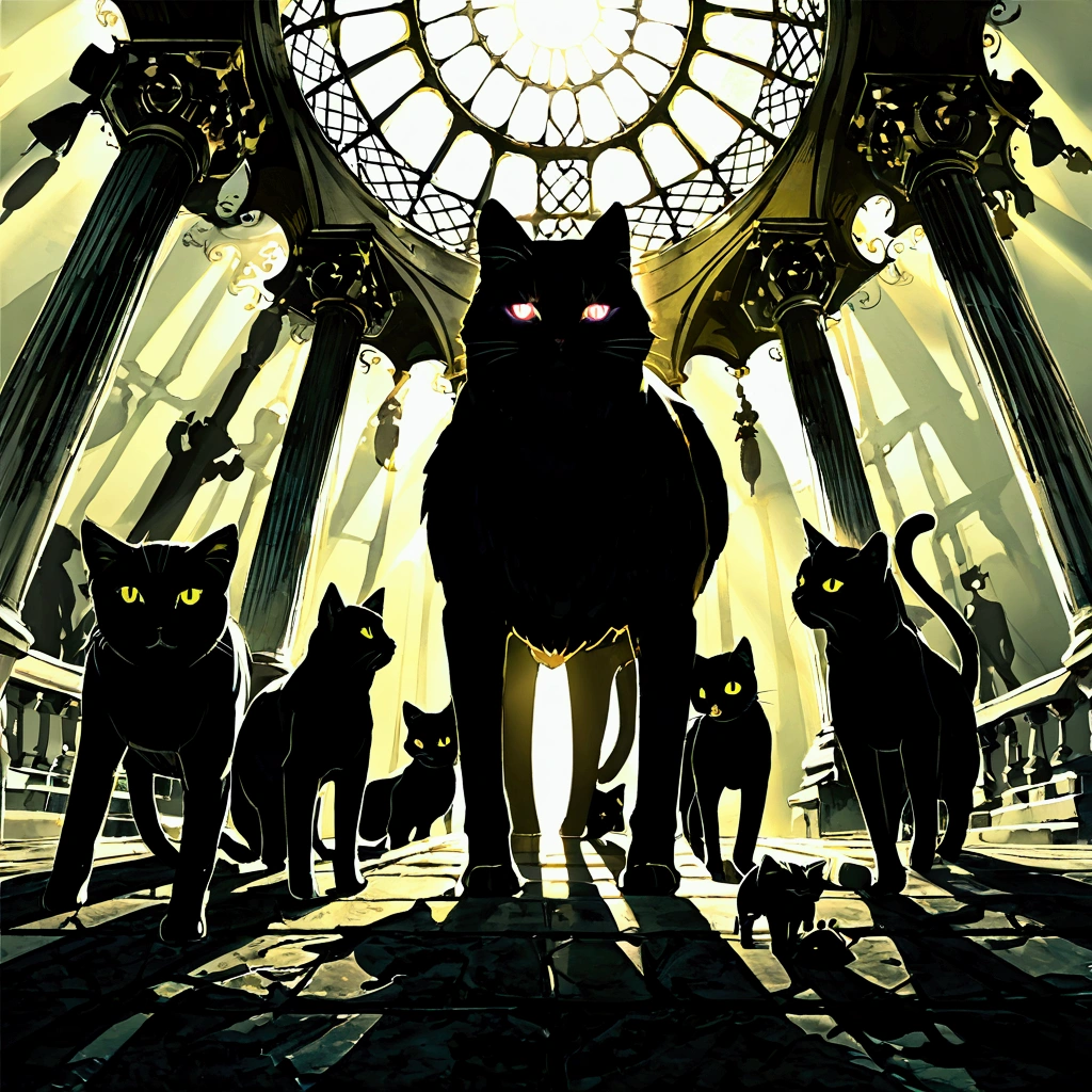 score 9, source anime, no human, animal, cat, silhouette, glowing eyes, sunlight, hyper detailed, 8k, masterpiece, 