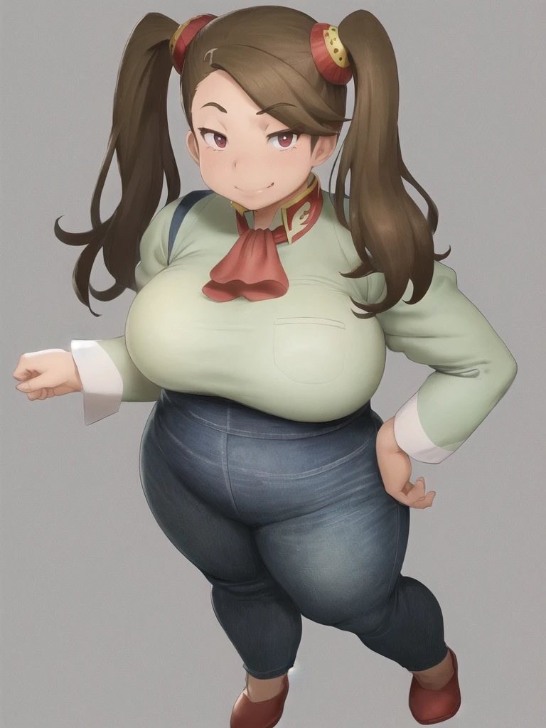 Beautiful face but chubby face, Chubby maoeuko sazaki, ((ahegao)), Hands on hips, Stand up straight, ((Full body)), (low head 1.5), A little chubby body type and small breasts, masterpiece, tight denim pants, ((small breasts)), thick legs++, Full body+, Solo, Swollen face, 1 woman, wide shoulder, (white long sleeve tutleneck 1.5,) (tight turtle neck 1.5), light blue Denim pants, thick thighs, low rise light blue denim pants, solo, simple background, masterpiece, best qualit, A chubby figure that seems real, smile, big head, High saturation, best quality, 1girl, kaoruko, brown hair, brown eyes, twintails, hair ornament, red ascot, looking at viewer, 