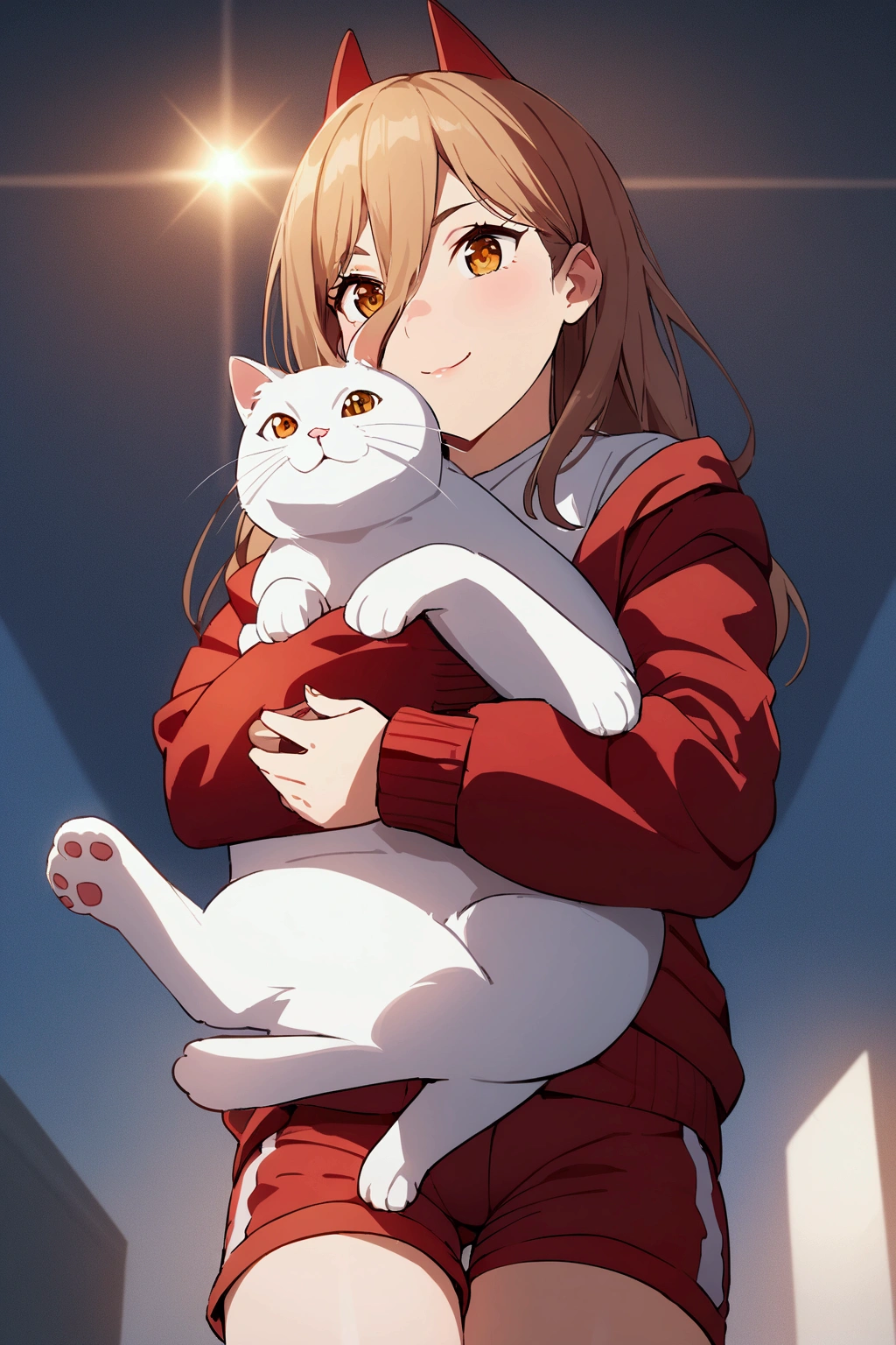 a girl, , wearing a red jacket open and a very short white shirt, showing a little, hugging a cat, wearing red shorts, looking at us with a sparkling look . detailed image, high 4k resolutions