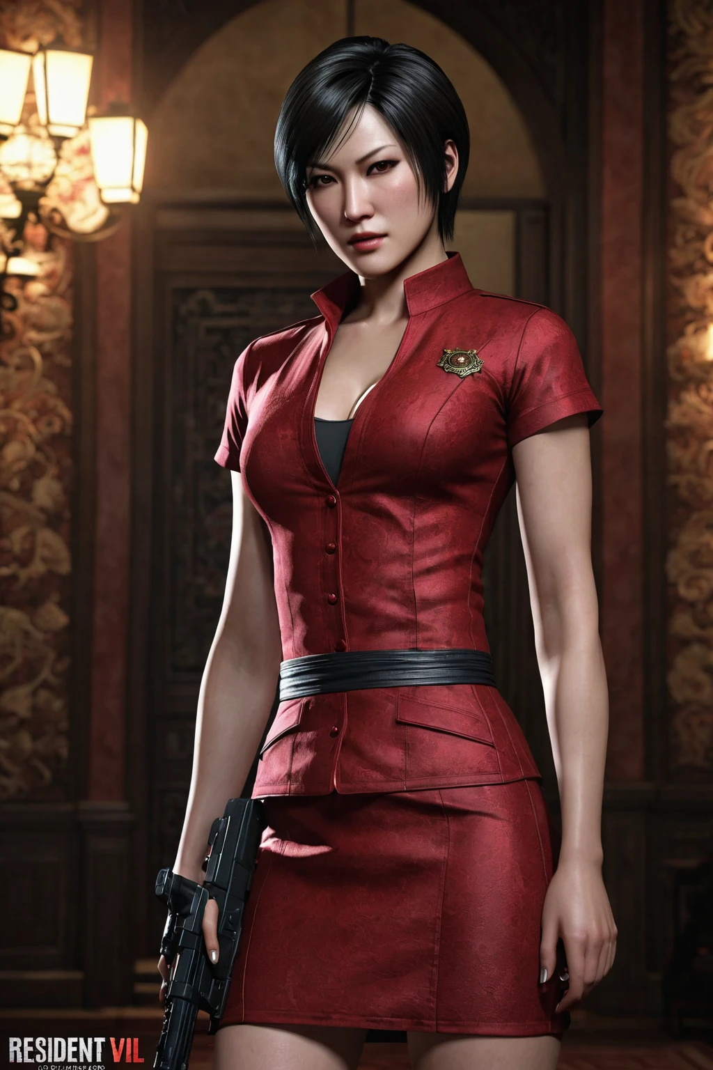 (Highest quality:1.3), cinematic shot, masterpiece, (sharp focus:1.5), (photorealistic:1.3), Ada Wong is a prominent character in the Resident Evil video game series. She is known for her mysterious and enigmatic persona. With her striking appearance, massive breast, Ada often wears a red qipao dress, which is a traditional Chinese outfit. Her dark hair, intense eyes, and a penchant for high heels contribute to her alluring and iconic look.

Ada is characterized by her intelligence, resourcefulness, and combat skills. She's skilled in using firearms, melee weapons, and gadgets, making her a versatile fighter. Throughout the series, she's often seen as an independent and secretive individual, driven by her own motives. Her interactions with other characters are usually marked by a sense of ambiguity and hidden agendas.

Ada's involvement in the series typically revolves around espionage, uncovering conspiracies, and dealing with biohazard outbreaks. Her complex relationships with other characters, such as Leon S. Kennedy, contribute to the intrigue and drama within the game's narrative. Overall, Ada Wong's multifaceted personality, captivating appearance, and central role in the Resident Evil series make her a memorable and iconic game character, (highly detailed skin),  (detailed face), detailed background, cinematic lighting, dramatic lighting, volumetric lighting,  intricate details, UHD,