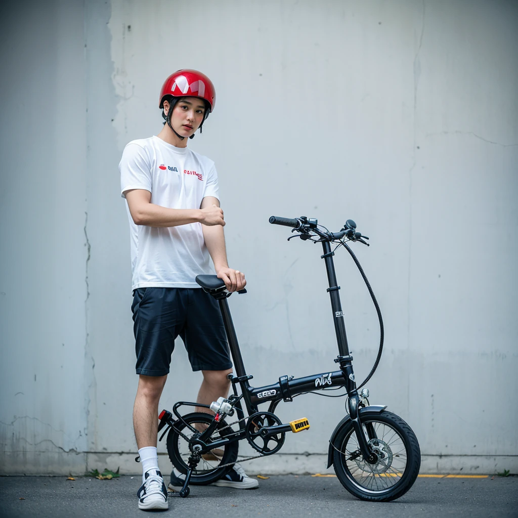 biker, 1 man, perfect image, folding bike, red helmet, biker outfit
