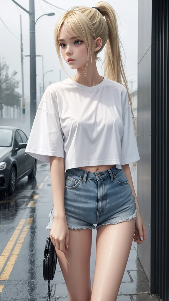 Skinny, pitite, 16 year old girl, heavy rain, tight white t-shirt, short shorts, NSFW, soaked clothes, blonde ponytail hairstyle, cold day,