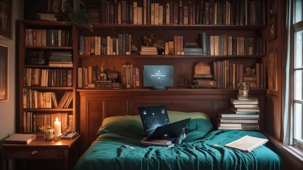 there is a laptop computer sitting on a bed with books and a candle, studyng in bedroom, light academia aesthetic, story telling aesthetic, cozy aesthetic, flatlay book collection, books messy about the room, studying, trying to study, dark academia aesthetic, vintage aesthetic, textbooks and books, beautiful image, mix of aesthetics, messy bed, dreamy aesthetic