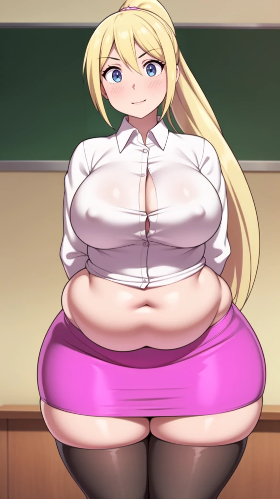 ((highres)),Masterpiece, high quality, best quality, beautiful, perfect lighting, detailed face, ultra cute face, ((1girl)), ((solo), long blonde hair, ponytail, blue eyes, glasses, embarrassed look, , aroused, ((blush)), looking at viewer, arms crossed, standing in a classroom, (classroom), daytime, dress shirt, pencil skirt, (tight clothes), ((chubby)), (thigh highs), (wide hips), ((thick thighs)), medium breasts, reasts, 24 yearmale,
