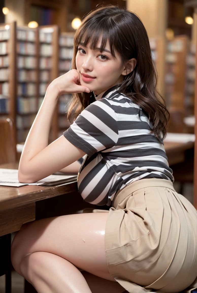(((neat woman, perverted:1.9,hand on mouth,deep make up:1.8,touch own nipples over clothes:1.9,little pussy juice:1.9))),(((sitting on the desk,kind smile:1.8,blush:1.8,deep cheek:1.8))),please touch me,eat me,tempting viewer,i want you))),(((blush,blush,deep cheek,deep cheek)))),(cinematic lighting), (Photo real:1.4)、(A hyper-realistic:1.4)、(Photorealistic:1.3)、 (gentle lighting: 1.05)、(Improve the lighting quality of your video:0.9)、 32k、25years old woman、photorealistic lighting、Back lighting、Facial Lights、Ray Trace、(bright:1.2)、(Increase quality:1.4)、 (best quality real texture skin)、Fair eyes,delicate face、 Close-up of the face, ((((Wearing the tight black striped cotton t-shirts,high-neck,pleated beige skirt,high-heel:1.4))),(Bodyline mood improvement:1.1)、Glossy skin、good figure,perfect anatomy,Beautiful actress,(((beautiful huge soft breasts:1.8,huge breasts,slender waist,slender hip,long slender legs,8heads tall))),(((8heads tall))),(((brown wavy midium hair,bangs))),(((sweat skin,shiny skin,in the beautiful library,super clean night view,in the night))),