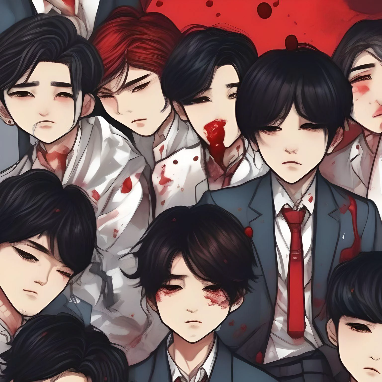 there are many people with blood on their faces and ties, yandere, manhwa, official fanart, gapmoe yandere, lots of blood, his eyes are bleeding intense, detailed fanart, high quality fanart, in anime style, webtoon, in an anime style, webtoons, black haired yoongi, bloody tears, 🍁 cute, raining blood, yandere. tall