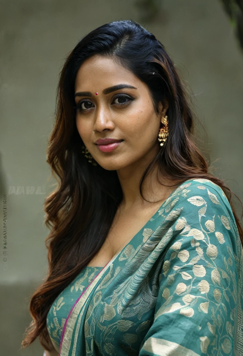 NivethaPethuraj, [ (sexy celebrity photograph ) |art by Florian Nicolle], portrait, saree, Historian, shallow depth of field, Low Contrast, ultra high res,  