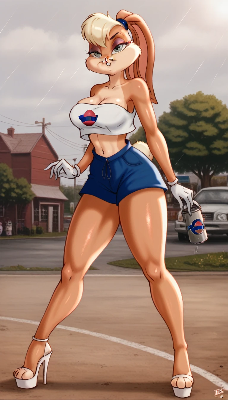 (masterpiece, best quality:1.2), Lola Bunny, fullbody, extra large breasts, open-toe platform high heels, low-cut strapless crop top, thick thighs, dirt road, countryside, masterpiece, best quality, absurdres, highres, 4k, ray tracing, perfect face, perfect eyes, intricate details, highly detailed, (best quality:1.33), (masterpiece:1.42),(semi realistic:1.3), (detailed:1.15),(skin details), Dappled Light, analog style (look at viewer), (skin texture), (realistic texture skin), cinematic light, side lighting, ultra high res, best shadow, RAW, (Dutch angle:1.1), lightroom, cinematic, hdr, raw, (intricate:1.4), high quality, soothing tones, intricate details, extremely high quality RAW photograph, detailed background, intricate, Exquisite details and textures, highly detailed, ultra detailed photograph, warm lighting, 4k, sharp focus, high resolution, detailed skin, detailed eyes, 8k uhd, dslr, high quality, film grain, Fujifilm XT3, 
 Rainy Day: The diffused light and wet surfaces on a rainy day can create a moody and atmospheric environment, perfect for capturing reflections and street photography.,