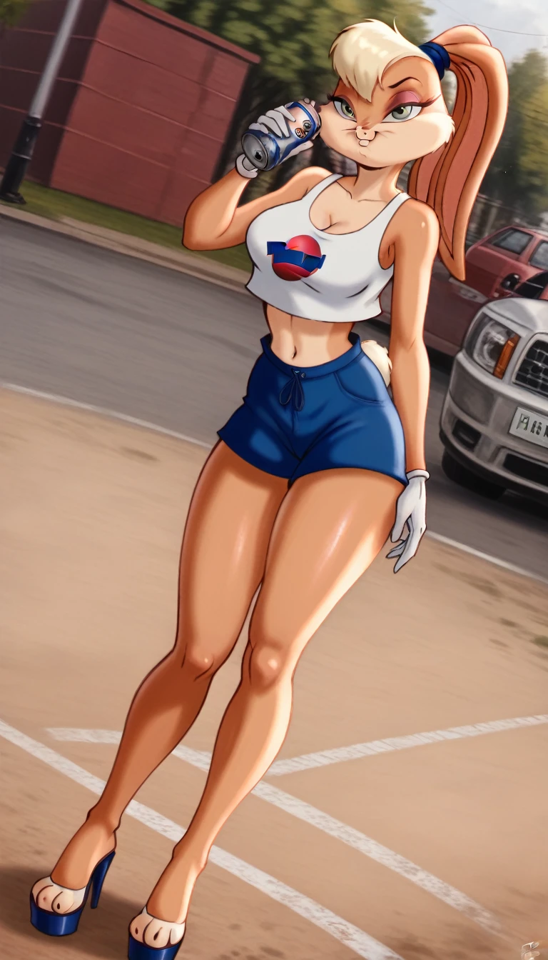 (masterpiece, best quality:1.2), Lola Bunny, fullbody, extra large breasts, open-toe platform high heels, low-cut strapless crop top, thick thighs, dirt road, countryside, masterpiece, best quality, absurdres, highres, 4k, ray tracing, perfect face, perfect eyes, intricate details, highly detailed, (best quality:1.33), (masterpiece:1.42),(semi realistic:1.3), (detailed:1.15),(skin details), Dappled Light, analog style (look at viewer), (skin texture), (realistic texture skin), cinematic light, side lighting, ultra high res, best shadow, RAW, (Dutch angle:1.1), lightroom, cinematic, hdr, raw, (intricate:1.4), high quality, soothing tones, intricate details, extremely high quality RAW photograph, detailed background, intricate, Exquisite details and textures, highly detailed, ultra detailed photograph, warm lighting, 4k, sharp focus, high resolution, detailed skin, detailed eyes, 8k uhd, dslr, high quality, film grain, Fujifilm XT3, 
 Rainy Day: The diffused light and wet surfaces on a rainy day can create a moody and atmospheric environment, perfect for capturing reflections and street photography.,