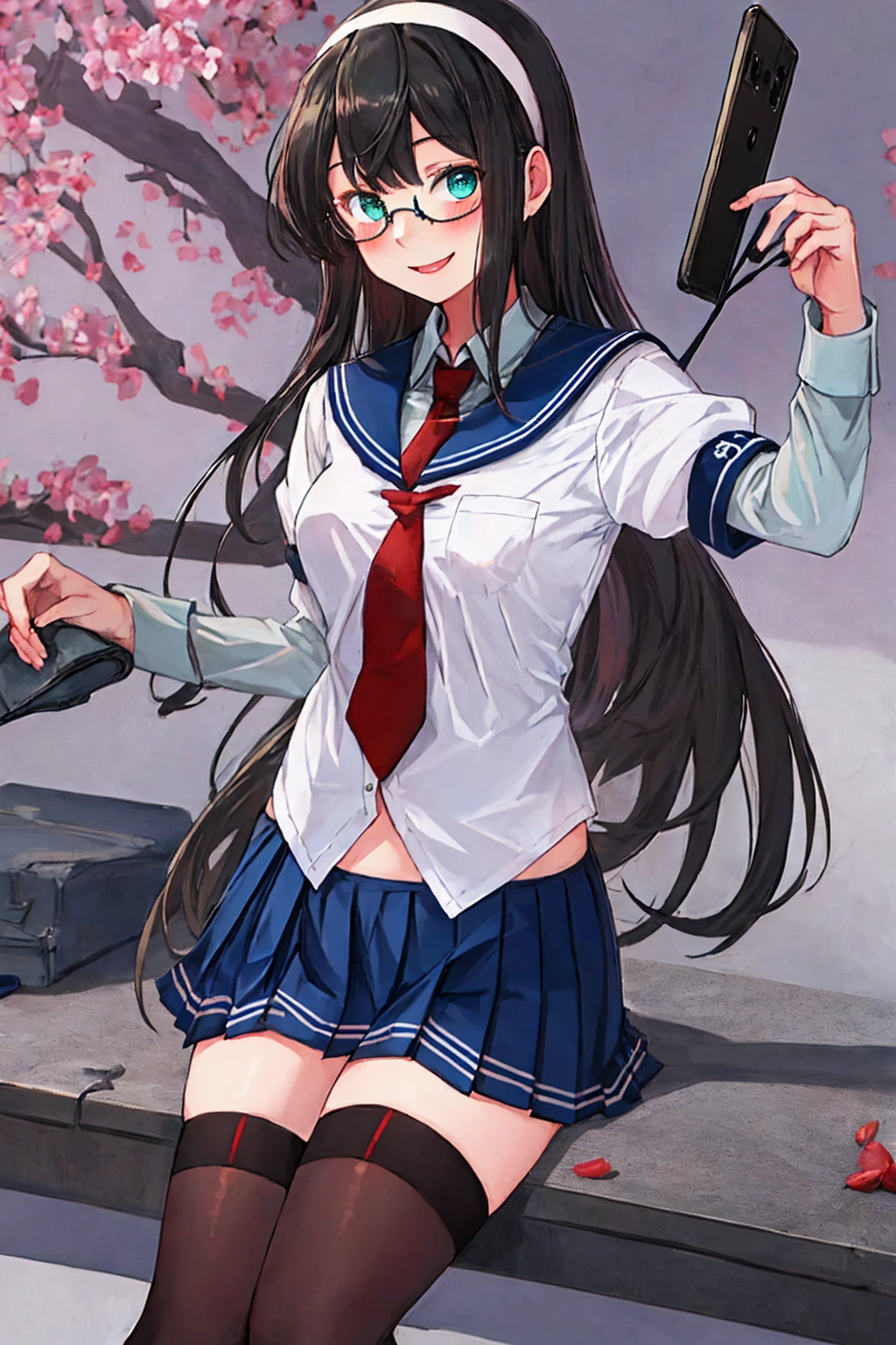 best quality, masterpiece, highres, solo, {ooyodo_kantaicollection:1.15}, black_hair, long_hair, glasses, hairband, semi-rimless_eyewear, under-rim_eyewear, blue_eyes, green_eyes, blush,small_breasts, 1girl, school_uniform, serafuku, pleats_skirt, looking_at_viewer, necktie, harbor_town_background, red_necktie,(angry:0.7),smile,Proudly,thigh-highs,sitting,open_mouth,,selfie