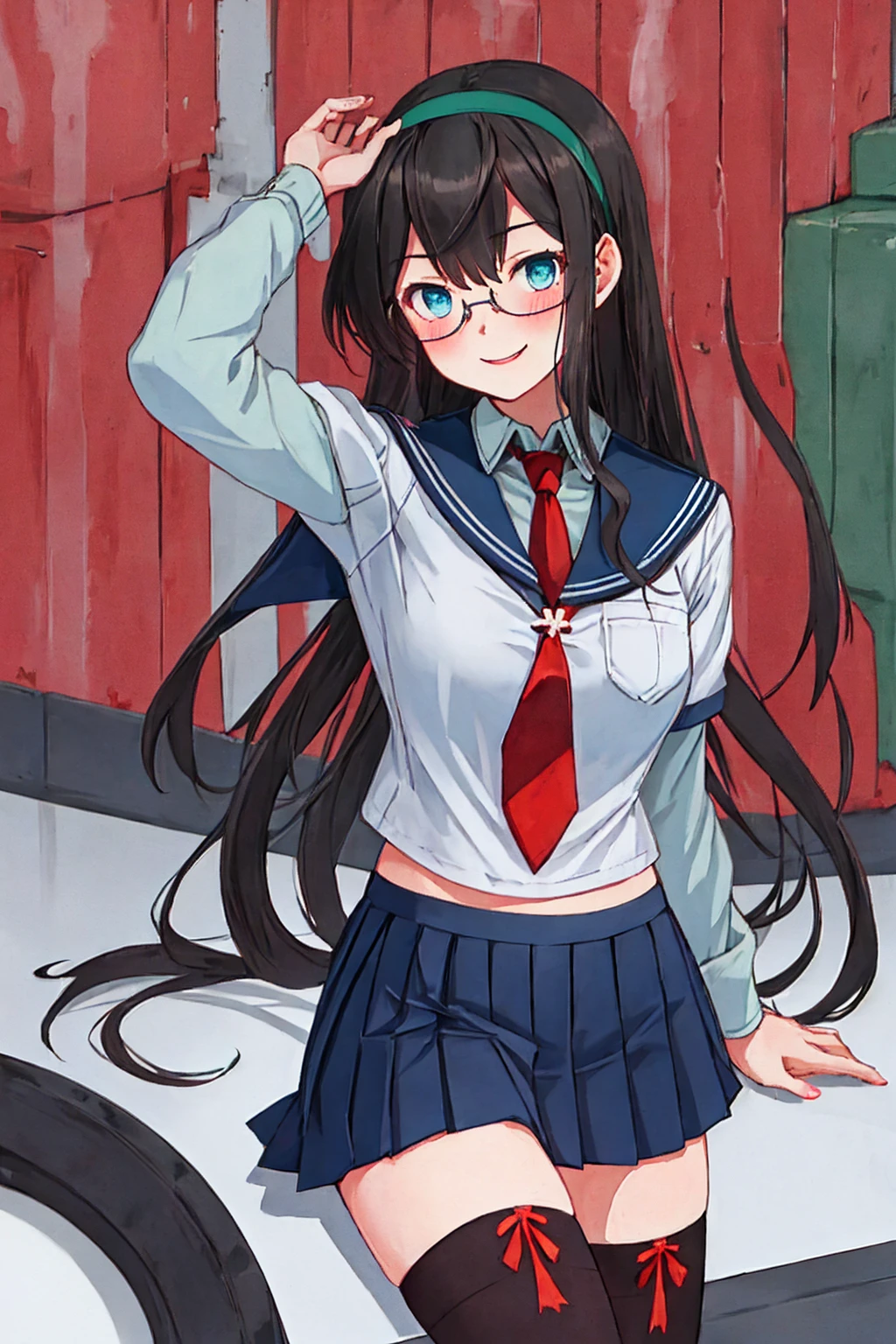 best quality, masterpiece, highres, solo, {ooyodo_kantaicollection:1.15}, black_hair, long_hair, glasses, hairband, semi-rimless_eyewear, under-rim_eyewear, blue_eyes, green_eyes, blush,small_breasts, 1girl, school_uniform, serafuku, pleats_skirt, looking_at_viewer, necktie, harbor_town_background, red_necktie,(angry:0.7),smile,Proudly,thigh-highs,sitting,open_mouth,,selfie