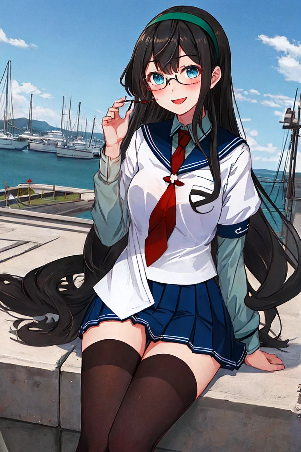 best quality, masterpiece, highres, solo, {ooyodo_kantaicollection:1.15}, black_hair, long_hair, glasses, hairband, semi-rimless_eyewear, under-rim_eyewear, blue_eyes, green_eyes, blush,small_breasts, 1girl, school_uniform, serafuku, pleats_skirt, looking_at_viewer, necktie, harbor_town_background, red_necktie,(angry:0.7),smile,Proudly,thigh-highs,sitting,open_mouth,,selfie