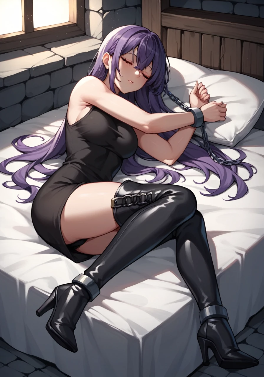 score_9, score_8_up, score_7_up, score_6_up, score_5_up, score_4_up, source_anime, 1 woman, long bed, purple hair, sleep, long hair, close eyes, w-w-chain, free arms, clean hair, black shirt, short, black boots, thigh high boots, heels, Release the knee, dungeon, night, best quality, best res, 4K UHD,