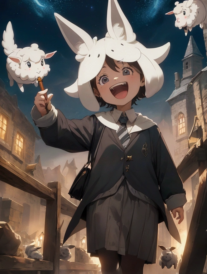 a cartoon wizard lamb is wizarding, laughing, he is on the air, there is nothing and nobody in the scene except the lamb.
