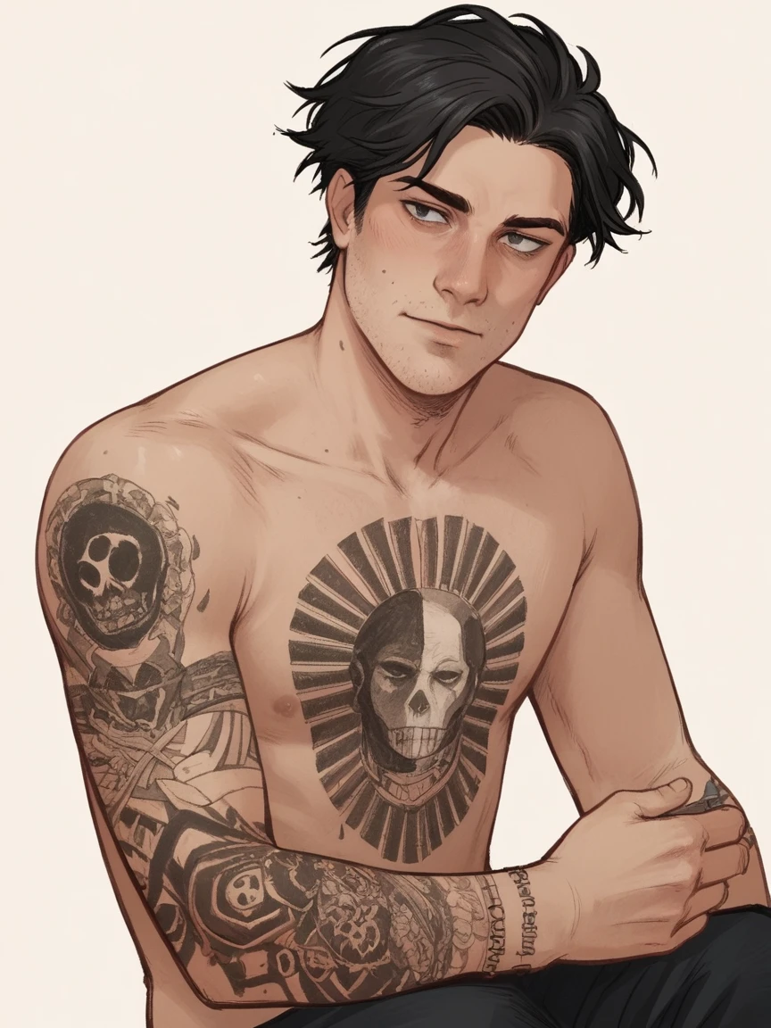 score_9, score_8_up, score_7_up, score_6_up, score_5_up, score_4_up, wh33z13, 1 boy, white skin, dark black hair and eyes, simple background, smilling, tattoos on body, no shirt