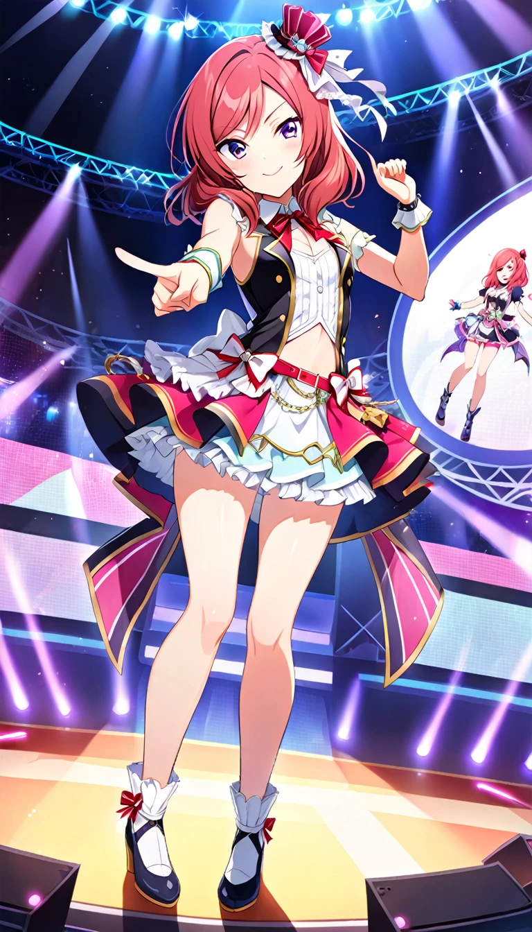 One girl, Nishikino Maki, purple eyes, full body picture, live stage, small breasts, idol costume, smile, solo, id Nishikino Maki, character focus,Pointing at the viewer