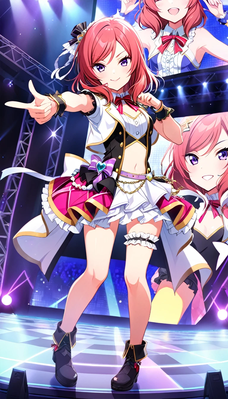 One girl, Nishikino Maki, purple eyes, full body picture, live stage, small breasts, idol costume, smile, solo, id Nishikino Maki, character focus,Pointing at the viewer
