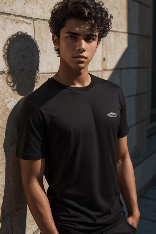 A handsome young man, 18 years old, with tanned skin from the sun, dark curly hair, wearing a dark shirt, gray eyes, a serious yet kind expression, realistic detailed portrait, cinematic lighting, dramatic shadows, high quality, photorealistic, masterpiece