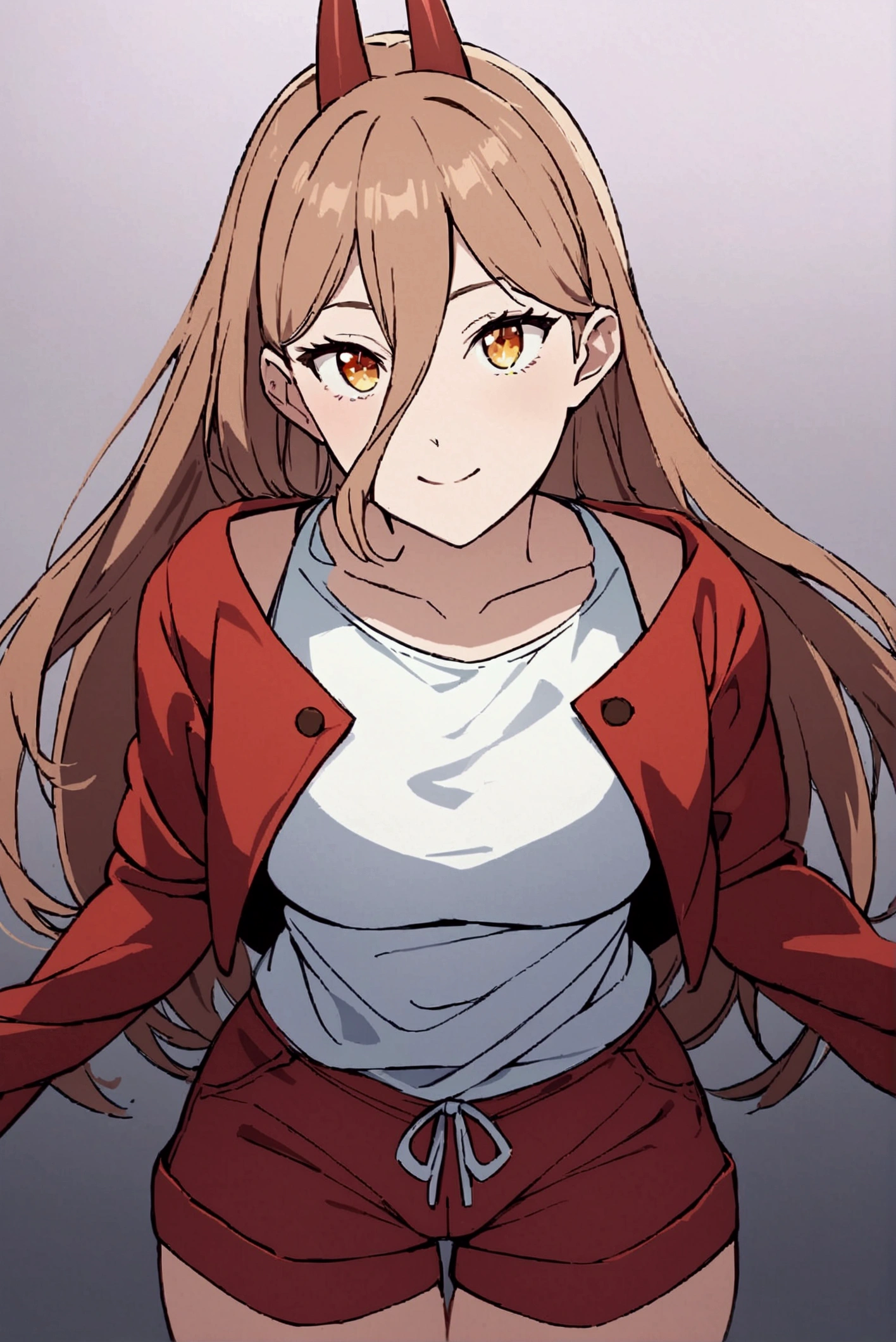 a girl, , wearing a red jacket open  and a very short white shirt, showing a little,  wearing red shorts, looking at us with a sparkling look . detailed image, high 4k resolutions 