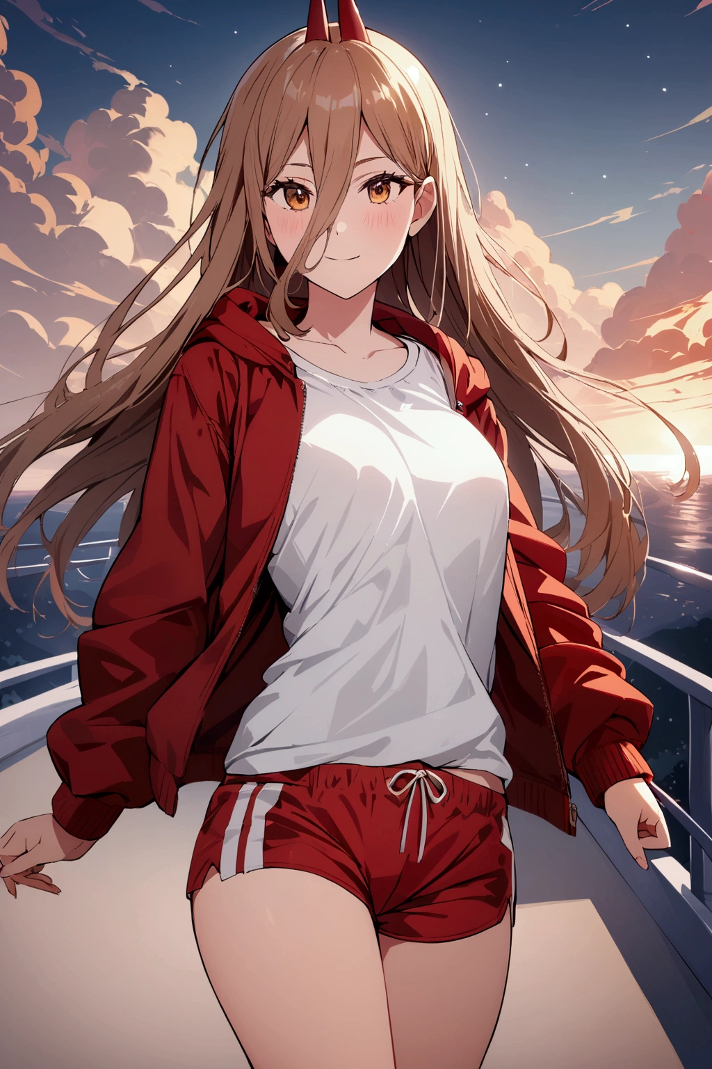 a girl, , wearing a red jacket open  and a very short white shirt, showing a little,  wearing red shorts, looking at us with a sparkling look . detailed image, high 4k resolutions 