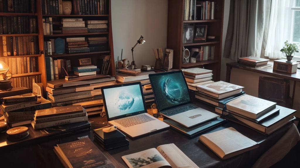 there is a laptop computer sitting on a bed with books and a candle, a picture by Anna Haifisch, tumblr, analytical art, studyng in bedroom, light academia aesthetic, story telling aesthetic, cozy aesthetic, flatlay book collection, books messy about the room, studying, trying to study, dark academia aesthetic, vintage aesthetic, textbooks and books