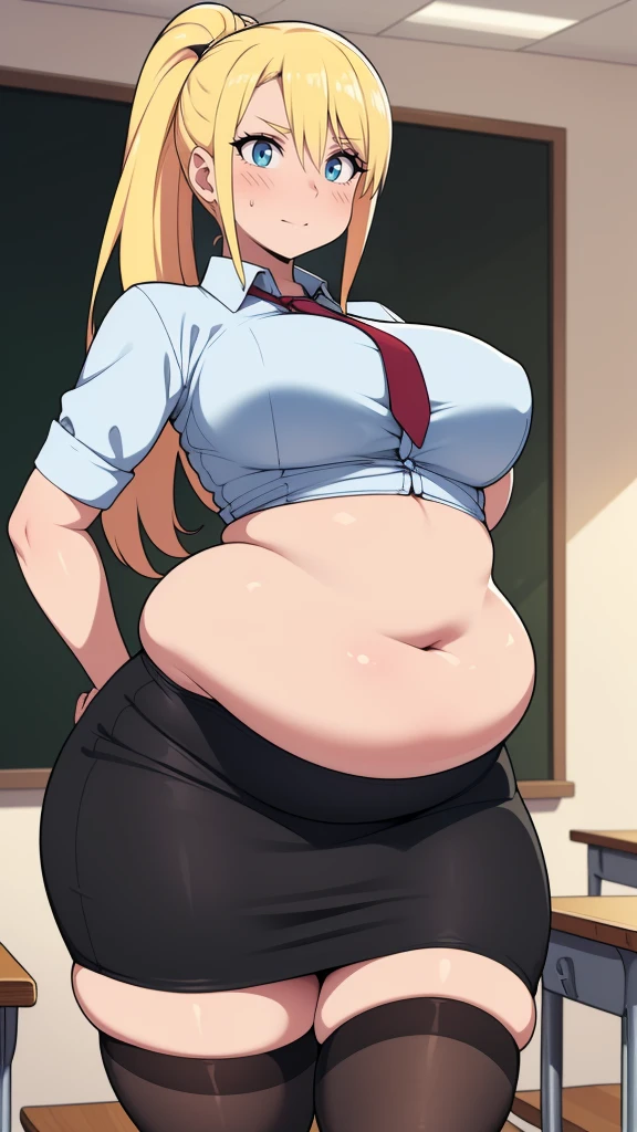 , ((highres)),Masterpiece, high quality, best quality, beautiful, perfect lighting, detailed face, ultra cute face, ((1girl)), ((solo), long blonde hair, ponytail, blue eyes, glasses, embarrassed look, masochist, aroused, ((blush)), looking at viewer, arms crossed, standing in a classroom, (classroom), daytime, dress shirt, pencil skirt, (tight clothes), ((chubby)), (thigh highs), (wide hips), ((thick thighs)), medium breasts, perky breasts, 24 year old female,