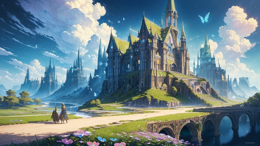 ((highest quallity)),(ultra-high resolution),(very detailled),(Detailed Description),((The best CG)),(a masterpiece),ultra-detailed art,amazing drawing art,(Fantasy art with intricate details:1.5), Utopia of eternal spring,Colorful butterflies、The blue sky stretches infinitely、clear flow、Little Flower々、a person in the middle
