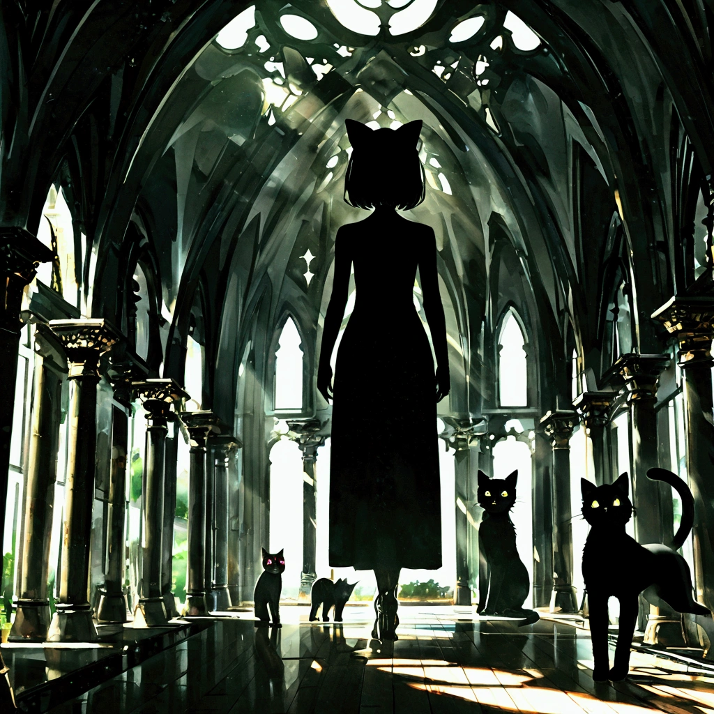 score 9, source anime, no human, animal, cat, silhouette, glowing eyes, sunlight, hyper detailed, 8k, masterpiece, 
