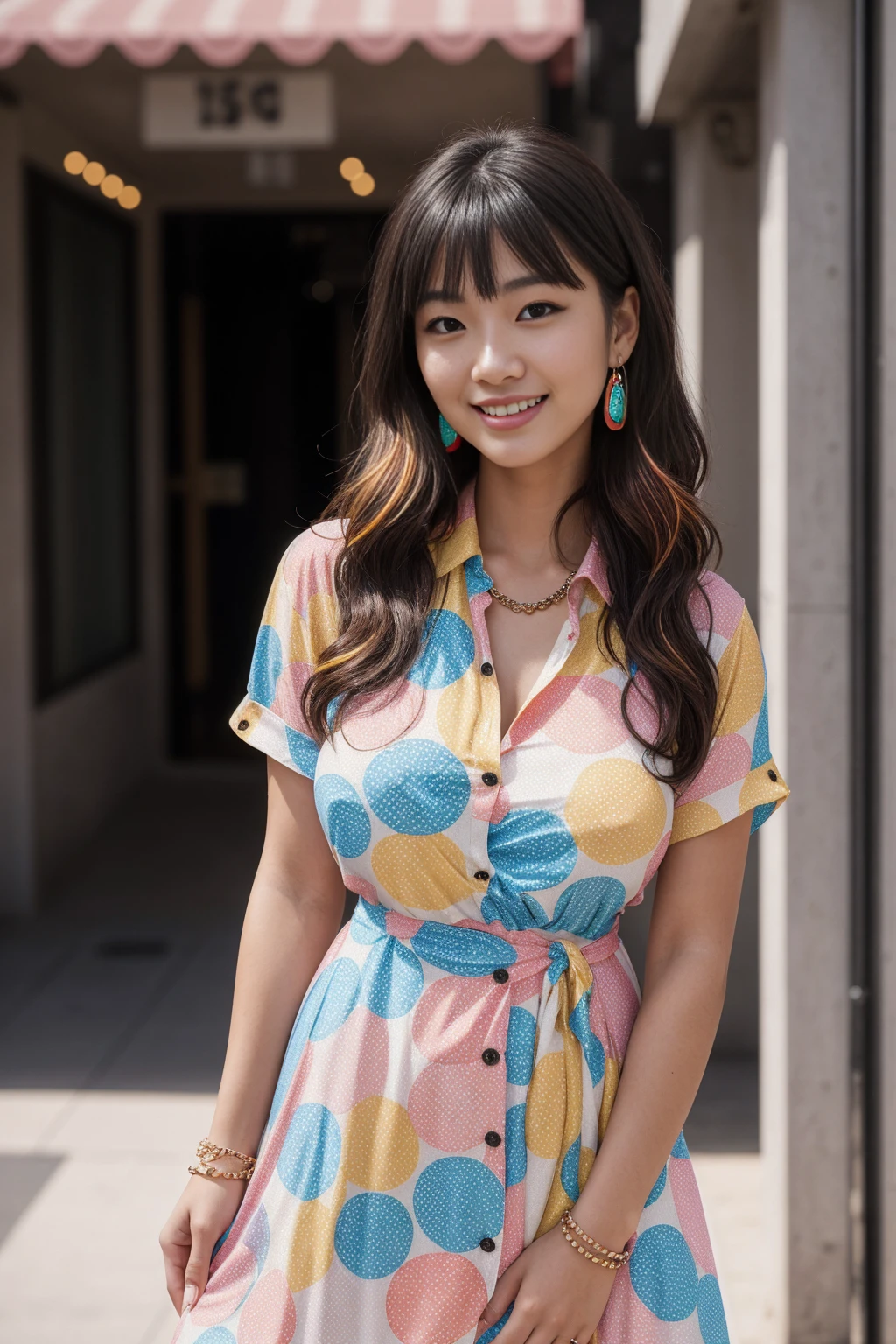 Half-length glamour portrait, nikon D850, f1.6 lens, 200mm, DSLR, 22 Megapixels, (((Vibrant neighborhood scene))), shot of a stunning 19 years old korean girl, (smile:1.4), (wearing multicolored Polka dot shirt dress:1.6), ((seductive pose)), hot girl, (((big natural breasts))), (((black fringe hair))), ( girl), symmetrical face, photorealistic, photography, (bright natural lighting), gorgeous, deep cleavage, (masterpiece), best quality, high resolution, extremely detailed, cinematic lighting, (((very narrow waist))), rich colors, hyper realistic, lifelike texture, ((jewelry)), (((She has beautiful hands and wears rings))), (bracelet), (necklace), (ankle chain), (nail polish) (earrings), Fuji Superia 200, 8k
