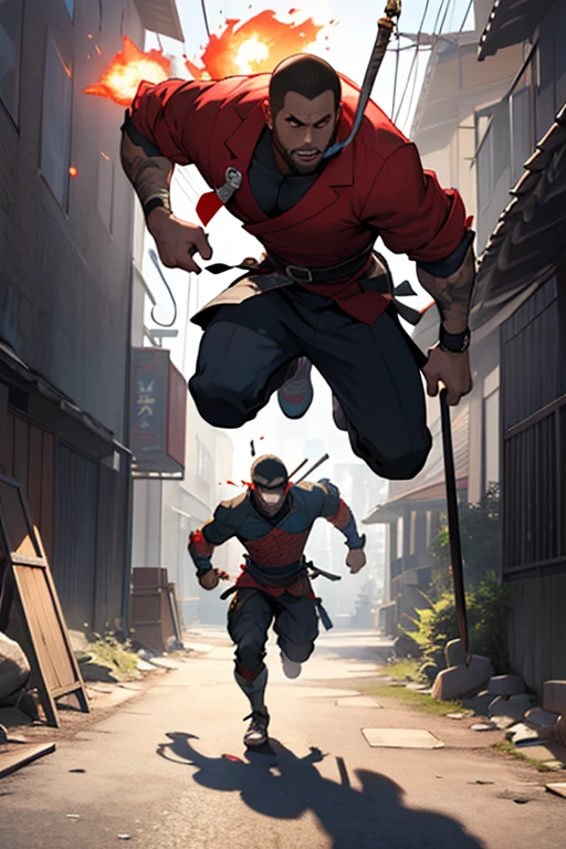 ((best quality)), ((masterpiece)), (detailed), 1🥷🪂🦾🤺 shadow warrior, 💥😷 running away and jumping over obstacles,