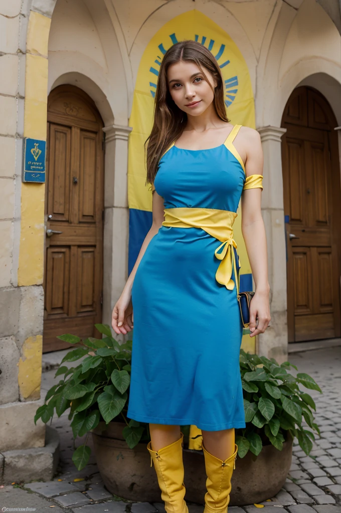 Ukrainian woman, full body, nice face, jolie corps, ((dress with blue top and yellow bottom)), smirk, ((dans la ville de Lviv)), main opera square