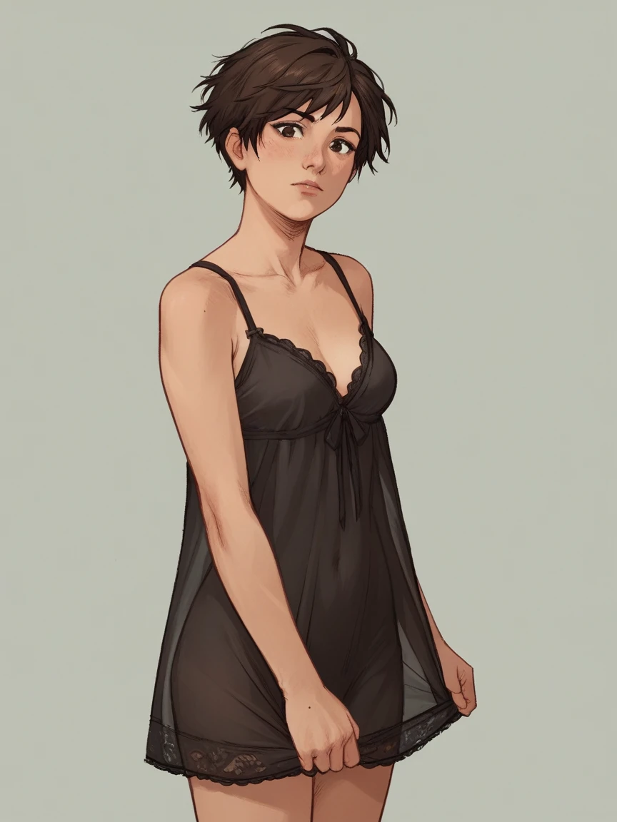 score_9, score_8_up, score_7_up, score_6_up, score_5_up, score_4_up, wh33z13, 1girl, extreme short hair, black silk nightgown, dark Brown eyes,
