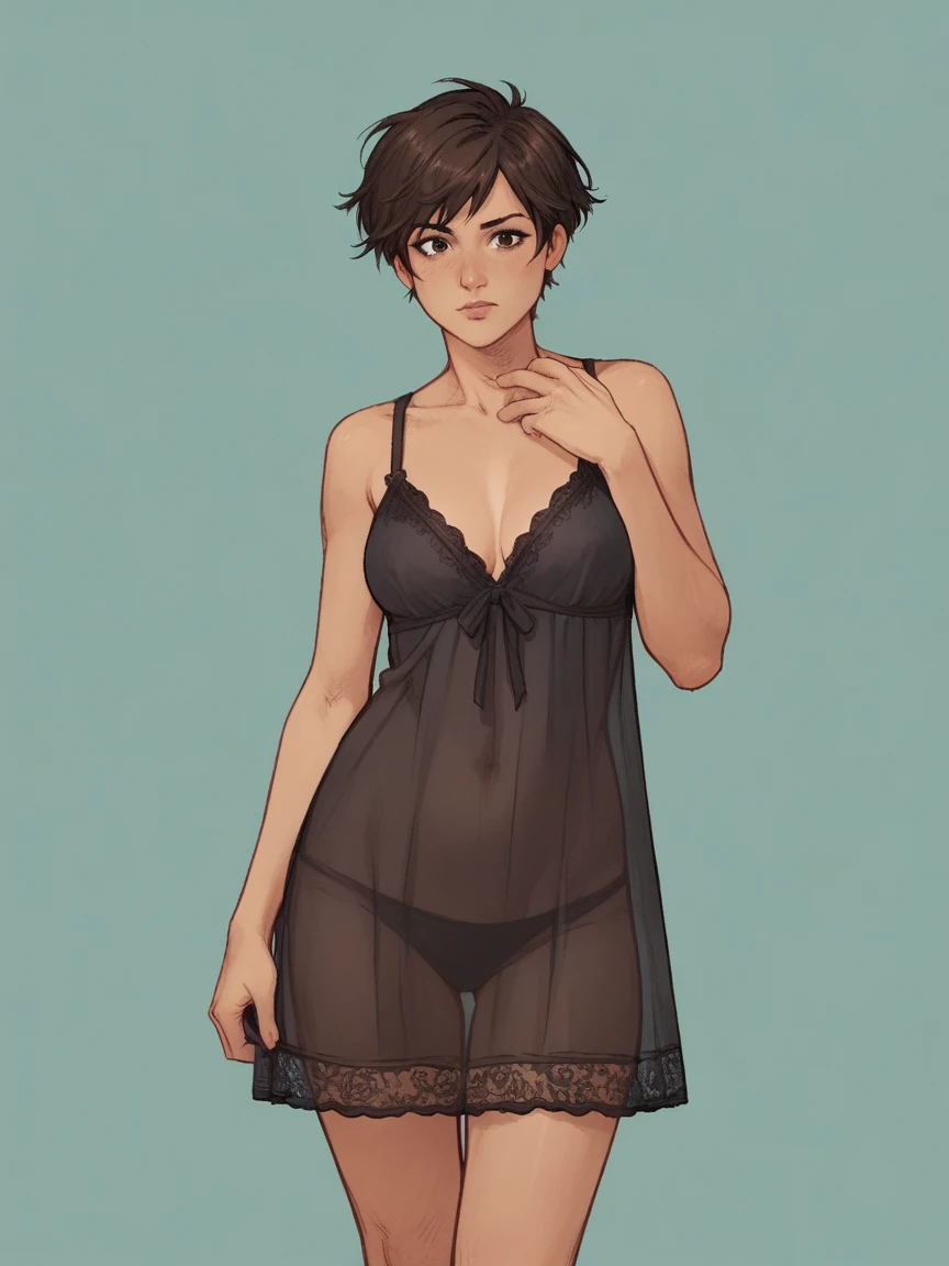 score_9, score_8_up, score_7_up, score_6_up, score_5_up, score_4_up, wh33z13, 1girl, extreme short hair, black silk nightgown, dark Brown eyes,