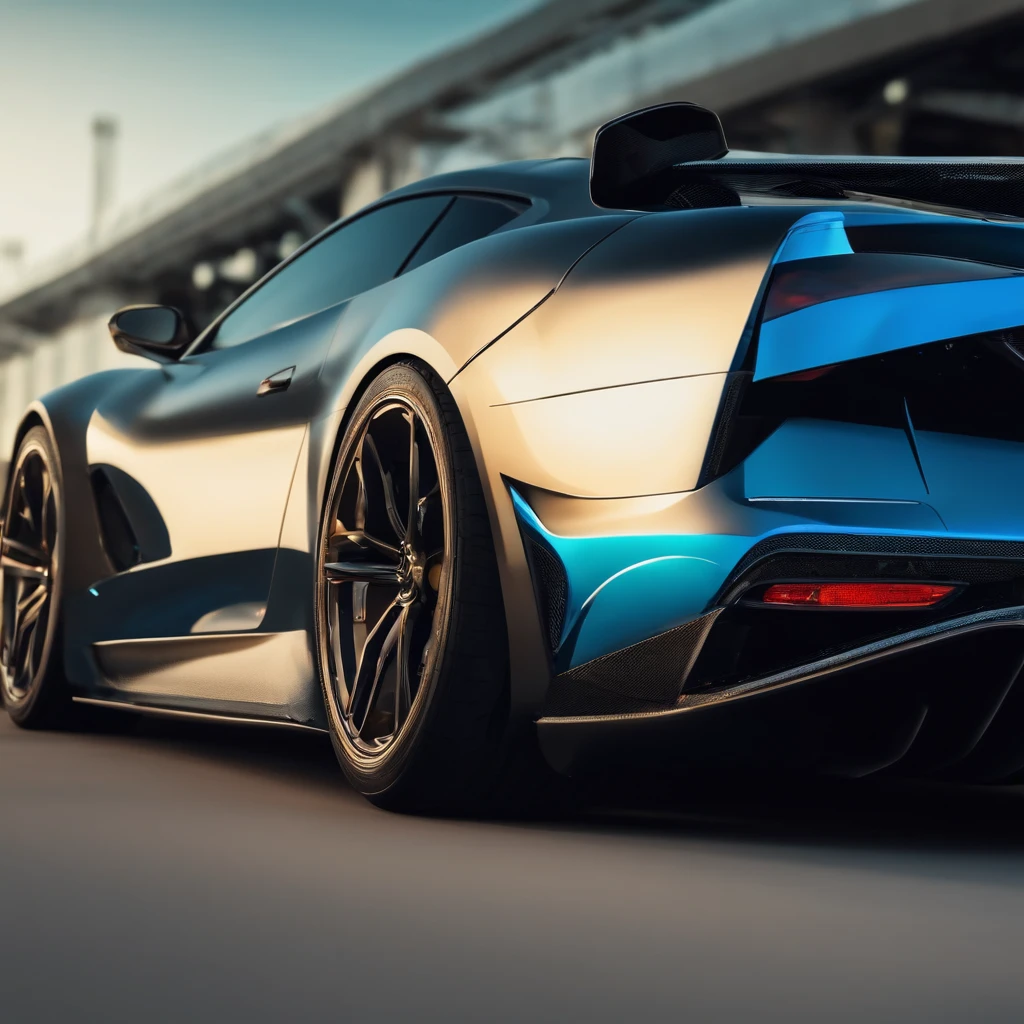 Create image of a tuned sports car with two-tone black and blue metallic colors on a straight line
