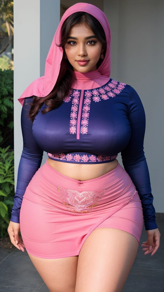 south Indian beautiful woman sexy curvy plus size model wearing different random color skin tight Bollywood Blush Banarasi Dress, eye contact camera view, different style standing position, curvy plus size big hour glass bulky huge figure, big m-cup bulky huge breasts, different style hairstyle, bright eyes, thin eyebrows, fair skin, blushing cheeks, prefect head to thigh close up view, Fashin show background and location, Dreamcatcher Delight Embroidery, ultra realistic skin texture, head to thigh close up view, smile face, shadow lighting effect, hijab,ass