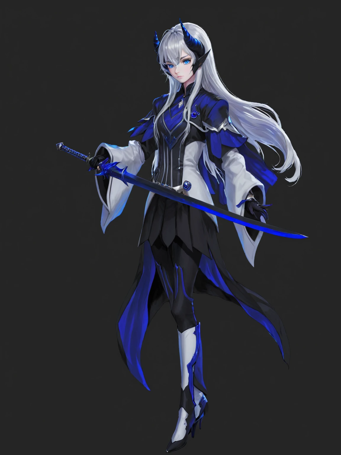 girl in black and white suit holding a sword, long white hair, blue eyes, black horns
