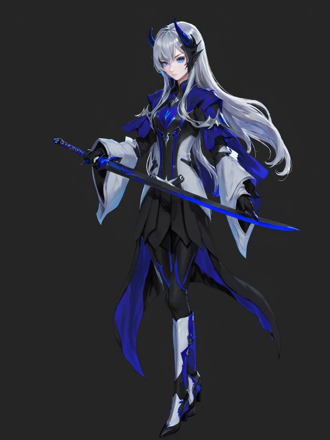 girl in black and white suit holding a sword, long white hair, blue eyes, black horns