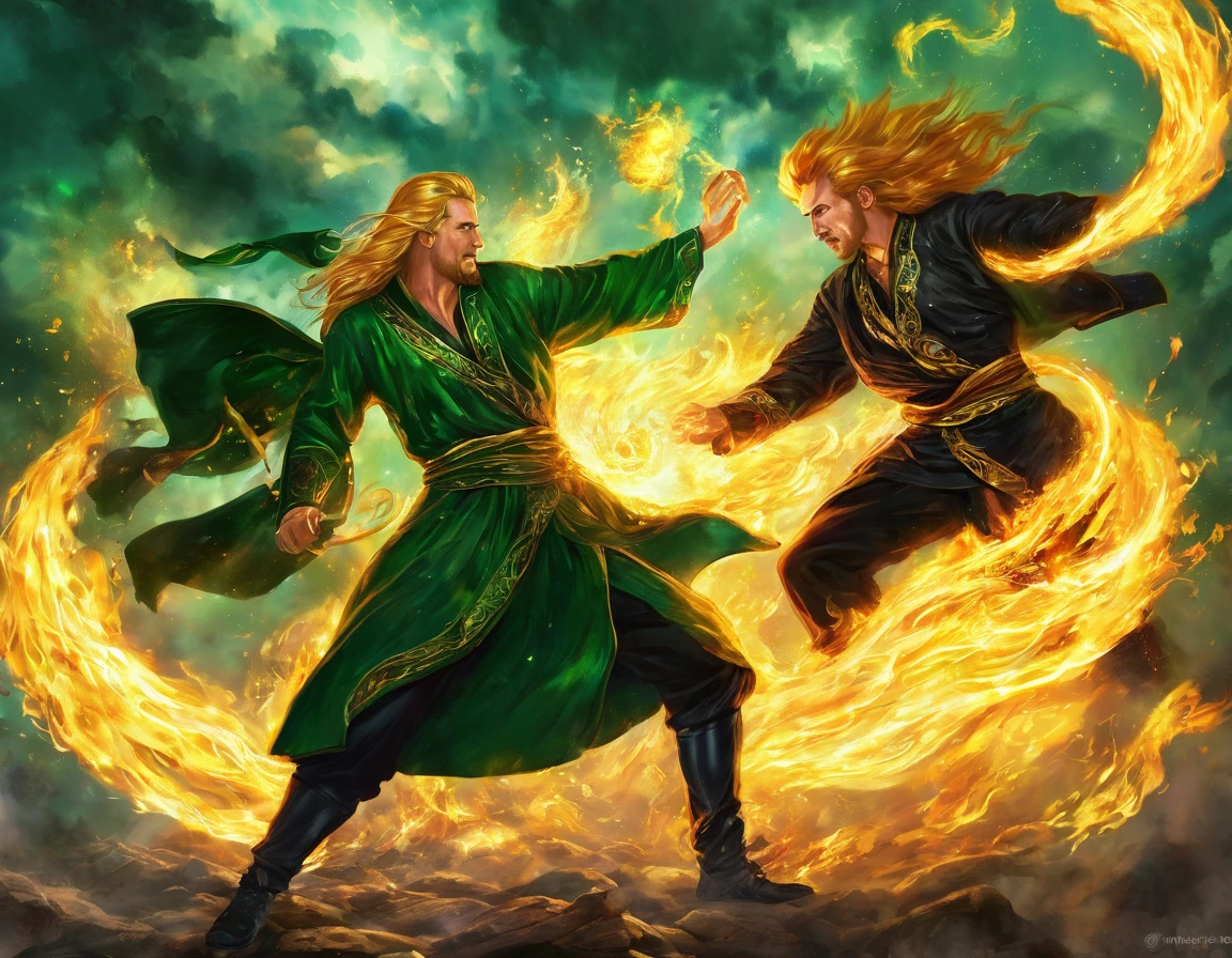 Two men fighting in the sky, flames, fireman, a strong guy with long golden hair and black sherwani fighting against a strong guy with long golden hair and black sherwani, glowing magic green eyes, green shadow magic, black magic runes, ancient magic use, flames, burning sky, fantasy, digital art, fantasy art, fiction