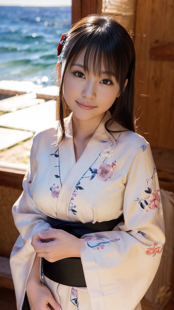 Tabletop、supreme beauty、masterpiece, 1 girl, solo, (Yukata style),(Japanese Yukata),(Colorful Obi)、(Off-the-shoulder 1.3), (Stock Highlight 1.3)、Slender、sunlight、smile, Attention to detail, Depth of written boundary, 135mm, Textured skin, Super detailed, high quality, Awards, 最high quality, High resolution, 8K, White skin,Brown Hair、Cute face、大きなsmile、 Beauty、Age 25、Per capita in Japan、At the festival of Japan、(Beautifully shaped breasts 1.2)、 (One tip of the chest protrudes)、Narrow areola and small areola, (Perfectly shaped nipples), (Nipples are visible:1.3)、Correct skeleton