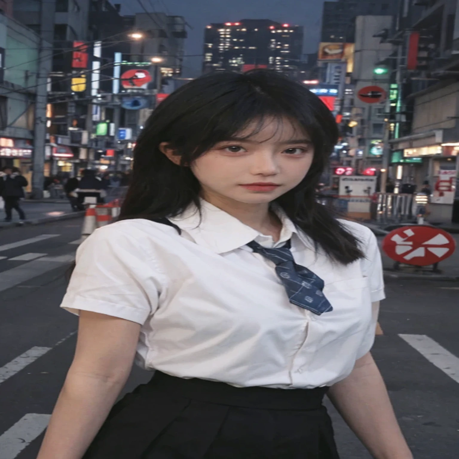 Best quality, Ultra-high resolution, (realistically:1.4),(natta),(looking at viewert:1.331),(White hair),placed in a,street Tokyo,nighttime scene,The city of cyberpunk,the soft light,1个Giant Breast Girl,Extremely beautiful face,chest circumference,putdownhands,random hair style,Random expression,largeeyes,arwen,(short- sleeved。Jie Kang_The shirt), Jie Kang_styled, (Dark Blue Jay Kang_a skirt), (Gong Jiekang_tiese), mix4., Best quality