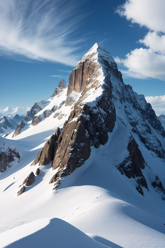 Create a realistic mountain landscape, com neve! This image should generate a sensation of depth and have a huge snake in the background as if cutting through the sky.