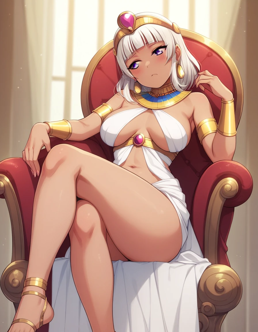 Maki nishikino,love live, highres, shiny white hair , purple eyes,blush , closed mouth, sitting on throne, crossed legs, elbow support, bare shoulders dress, vertical cutout,navel, breasts apart, slightly dark skin,thighs , looking away, bored, (sagging breasts:0.7), head tilt ,tiara, Egypt queen ,feet, Cleopatra 