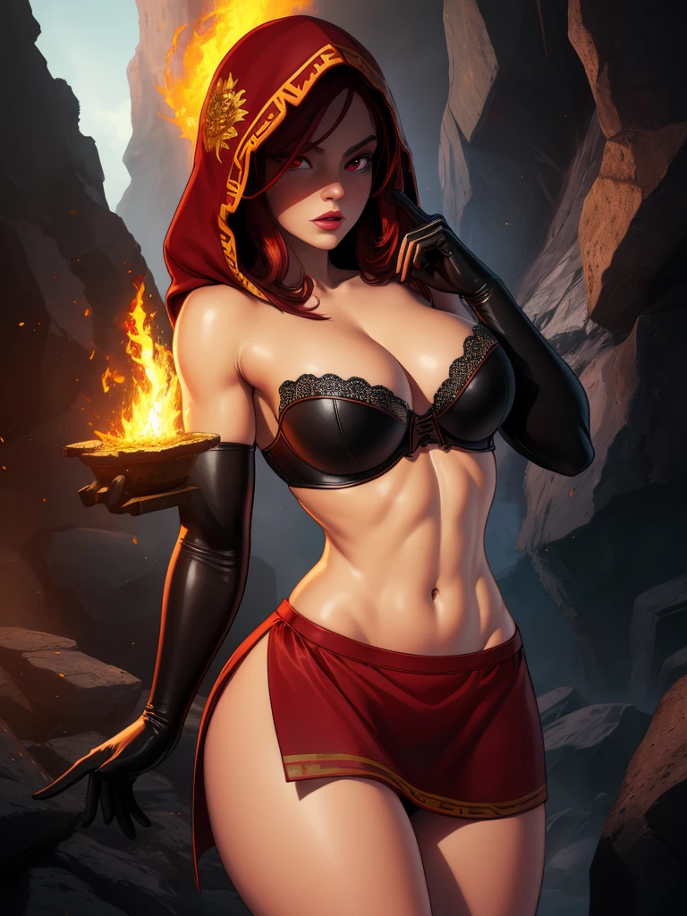 Dsorceress, redhair, shadowy face,dark cave, fire, hood, shadowed face, strapless bra, slim and athletic body, miniskirt, no panty, elbow gloves, dark skin, 1 girl (insanely detailed, masterpiece, best quality)