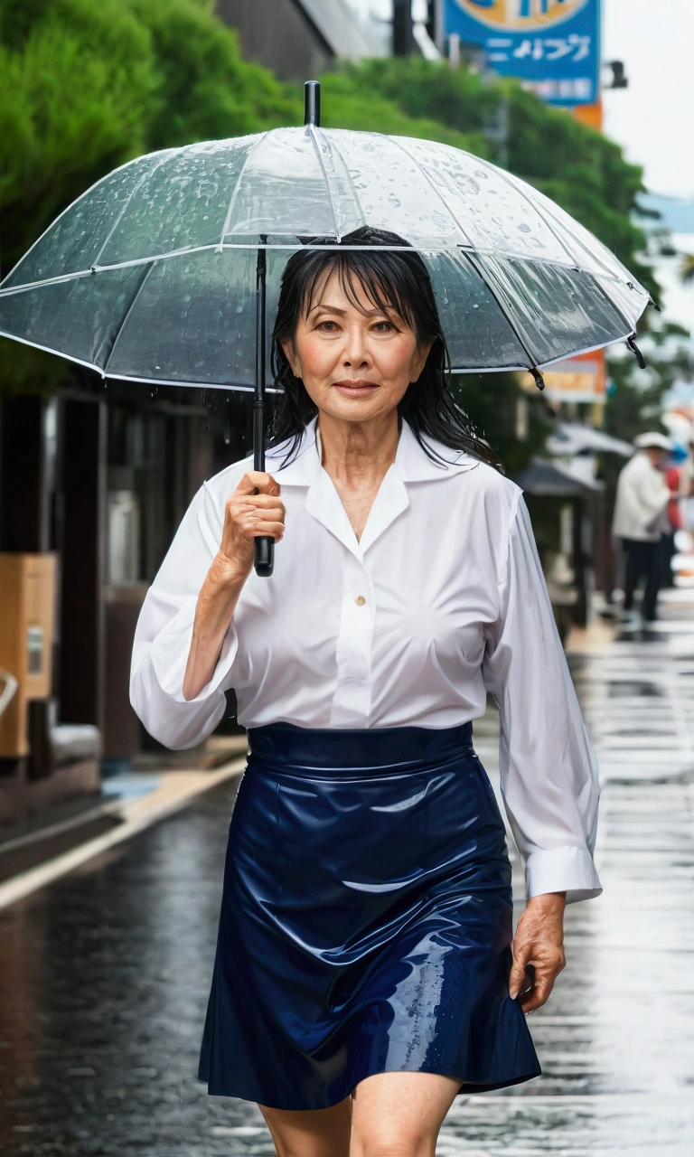 ((highest quality)), ((8K)), ((masterpiece: 1.3)), (Perfect appearance), (Photorealism: 1.6), 
(A 60-year-old Japanese mature woman walking through the city in the rain), BREAK(Japanese Mature walking without an umbrella: 1.4), BREAK (A busy sidewalk in an office district: 1.2), (Detailed background), (Soaking wet), (Full body portrait: 1.4), 
(60 years old, Japanese Mature), ((Realistic skin texture)), (Fine lines all over the skin), (Dull skin), (Facial wrinkles), (Wrinkles around the eyes), double eyelid, Tear bags under the eyelids, 
Melancholic expression, Raindrops running down my face, 
Short bangs, Straight long hair, Rain-soaked hair, (Raindrops dripping down my hair: 1.4), 
BREAK(A thin, fitted white blouse: 1.4),BREAK BREAK(Navy Blue Nobunaga Tight Skirt: 1.4), BREAK (Blouses that get wet and adhere to the skin),  (The wet blouse is visible: 1.6), (The wet flared skirt is transparent), High heels,