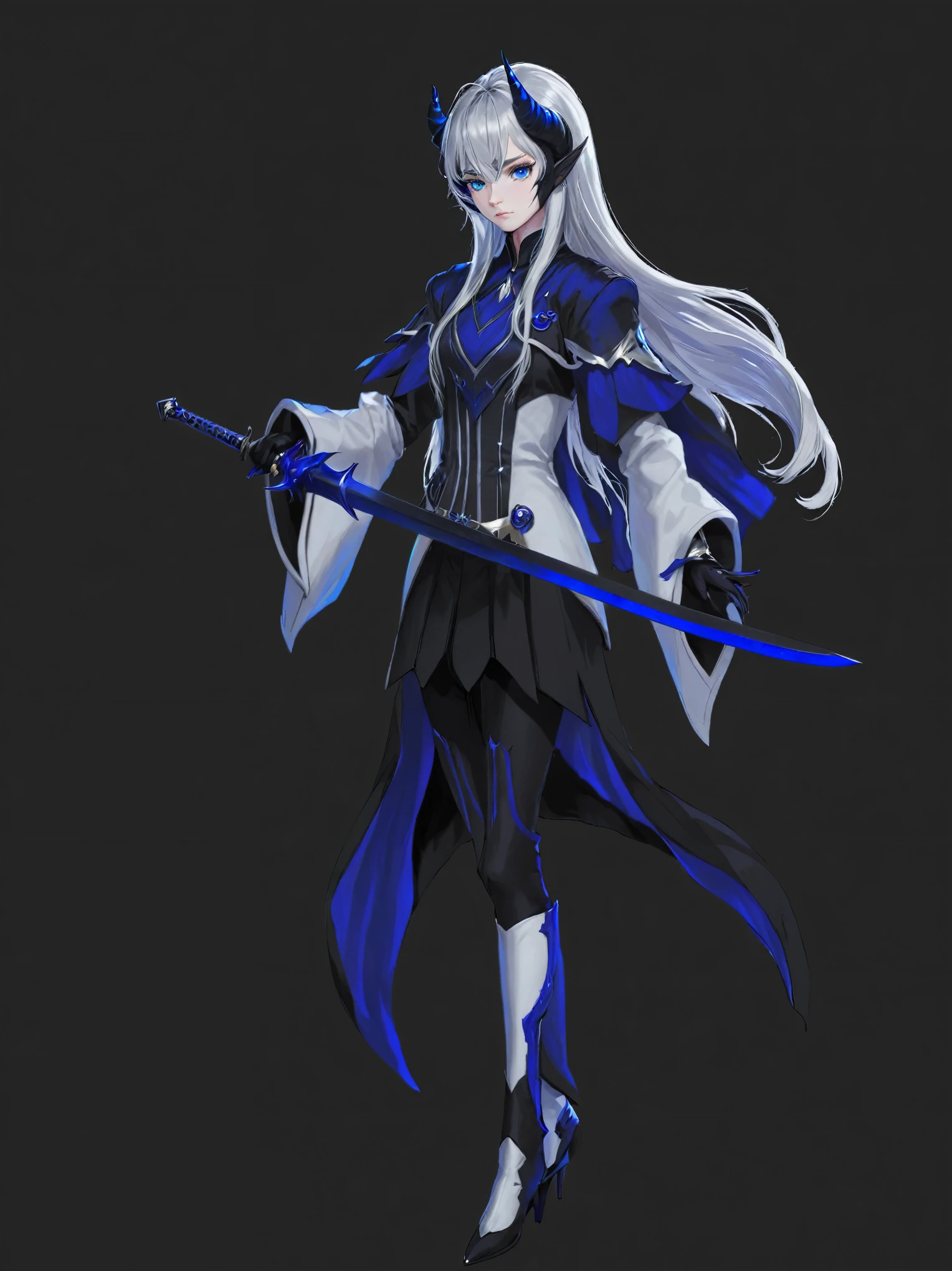 girl in black and white suit holding a sword, long white hair, blue eyes, black horns