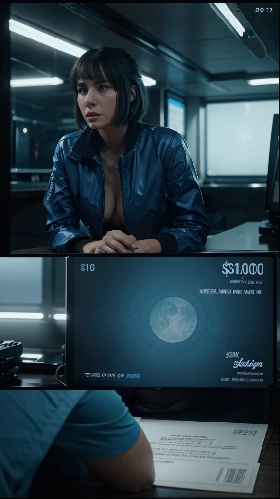 The next day, Lena received a $1 million check with a note: "Your honesty has paid off. Start anew and make a difference.", 8k realistic imagery, ultra hd, blue scenery like a movie scene, inspired by blade runner movie scene, blue tone