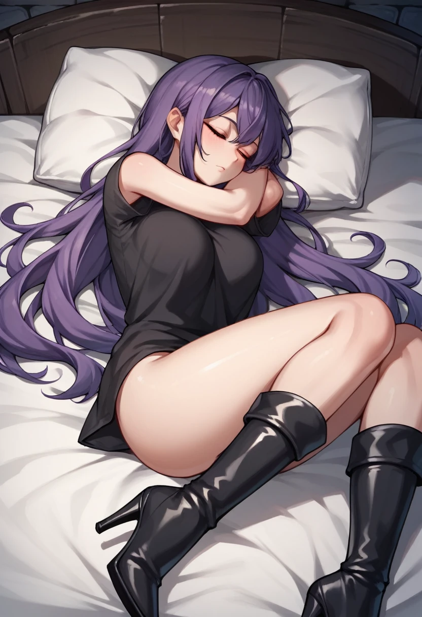 score_9, score_8_up, score_7_up, score_6_up, score_5_up, score_4_up, source_anime, 1 woman, long bed, purple hair, sleep, long hair, close eyes, free arms, clean hair, black shirt, short, black boots, thigh high boots, heels, Release the knee, Show the heels, dungeon, night, best quality, best res, 4K UHD,