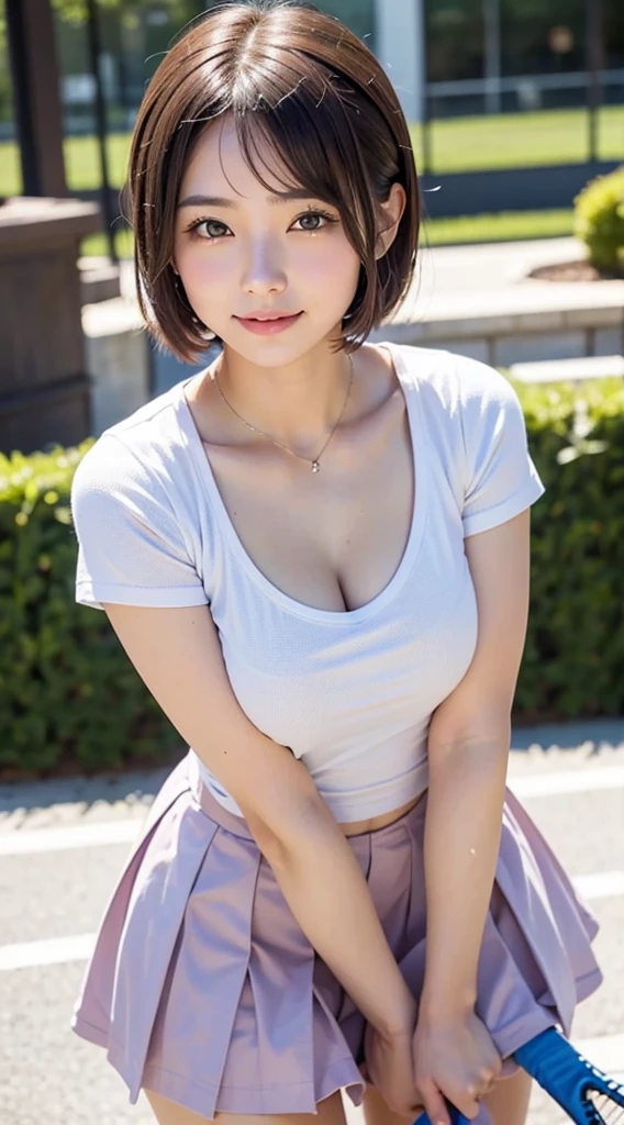 (masterpiece, Best Quality:1.2), 8K, 18 years old Japanese girl, 85 mm, Official art, Raw photo, Pretty Face, close up, face focus, cute Girl, Cinch waist, beauty thighs, soaking wet, sweat, large breasts, pink tennis wear, short sleeves, short skirt, leaning forwards, cleavage of breasts, office room, Looking at Viewer, No makeup, (Smile:0.4), Film grain, chromatic abberation, Sharp Focus, face lights, clear lighting, Teen, Detailed face, Bokeh background